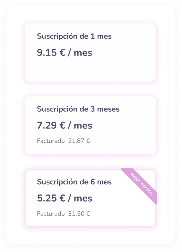 Imagen presentando los precios de la aplicación, 9,99€ por 1 mes, 23,97€ por 3 meses, y 34,50€ por 6 meses.