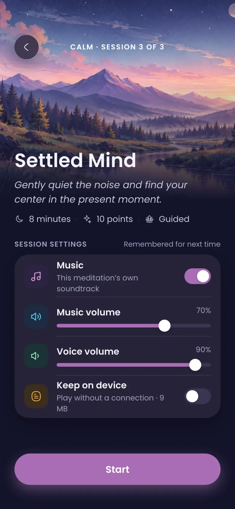 Settled Mind: music, music volume, voice volume and keep on device.