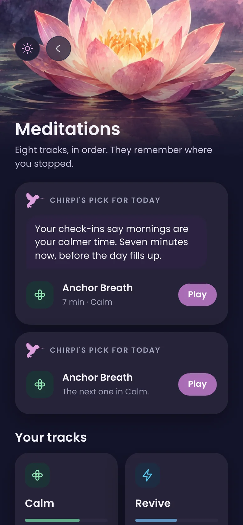 Meditations: Chirpi's pick for today, Anchor Breath, and your tracks.