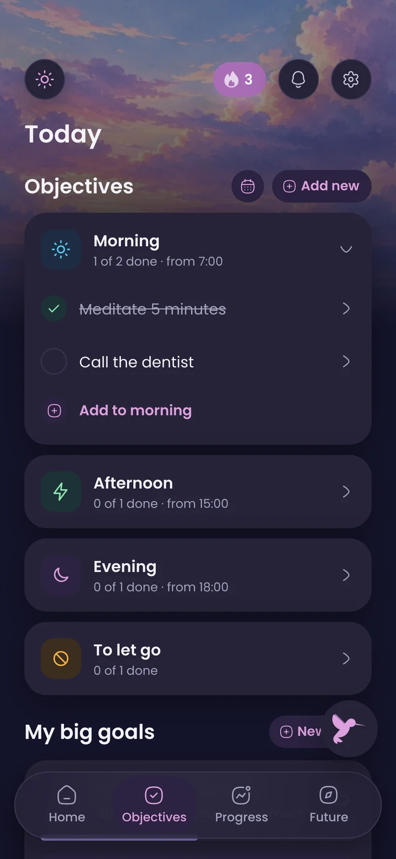 Today: objectives for the morning, afternoon and evening.