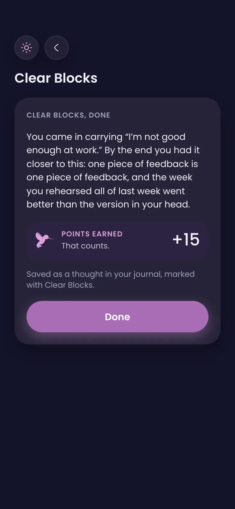 Clear Blocks, done: what changed, fifteen points, and the thought saved in your journal.