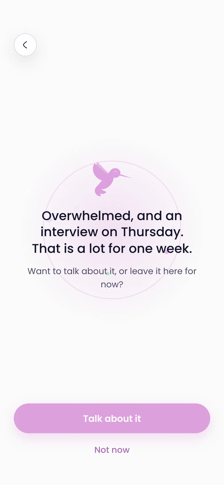 Chirpi answers the check-in: Overwhelmed, and an interview on Thursday. Want to talk about it?