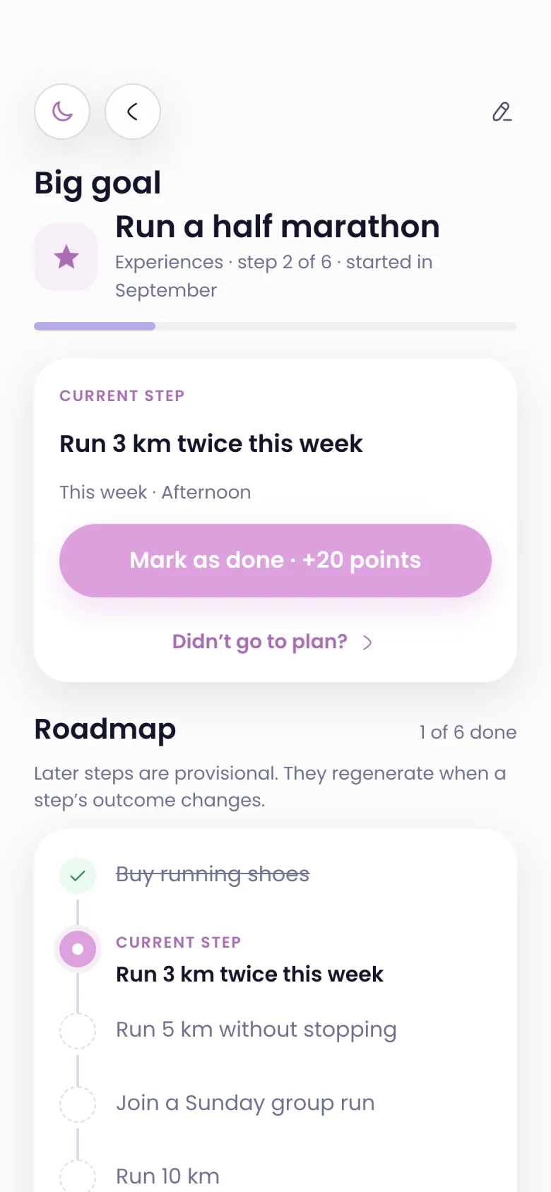 Big goal: run a half marathon, with the current step and the roadmap.