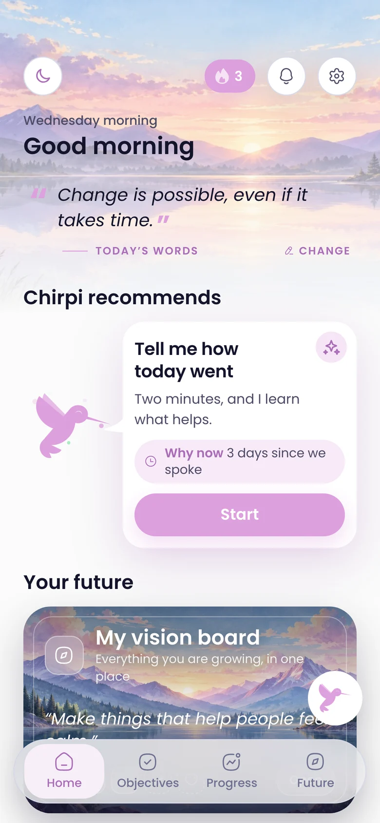 Chirpi's home screen: Good morning, today's words, and Chirpi recommends: Tell me how today went.