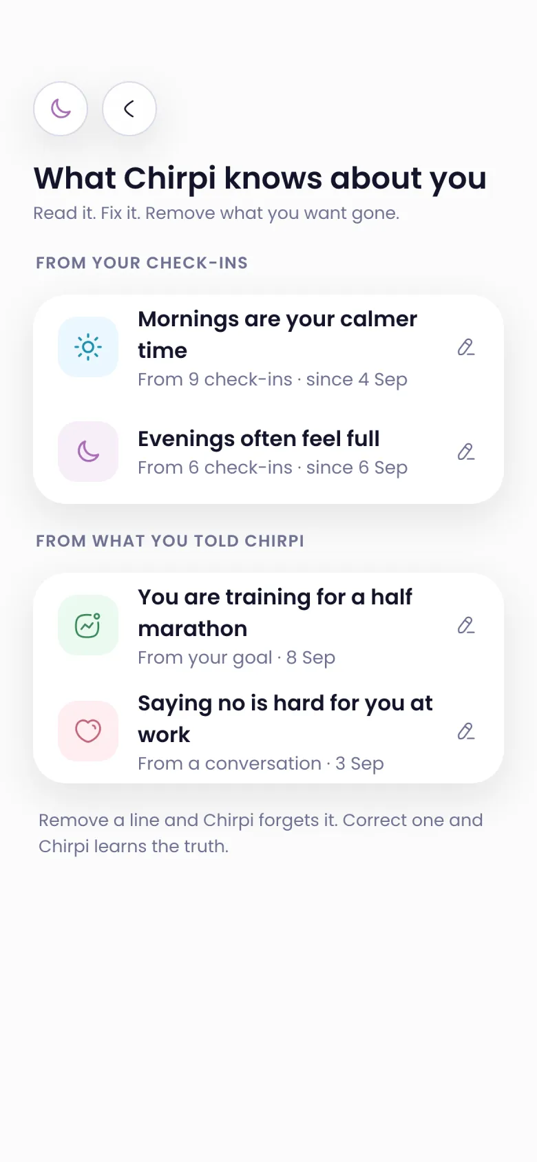 What Chirpi knows about you: facts from your check-ins and conversations, each one editable.