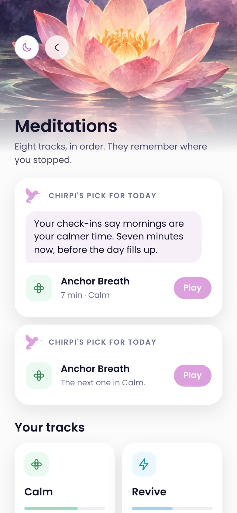 Meditations: Chirpi's pick for today, Anchor Breath, and your tracks.