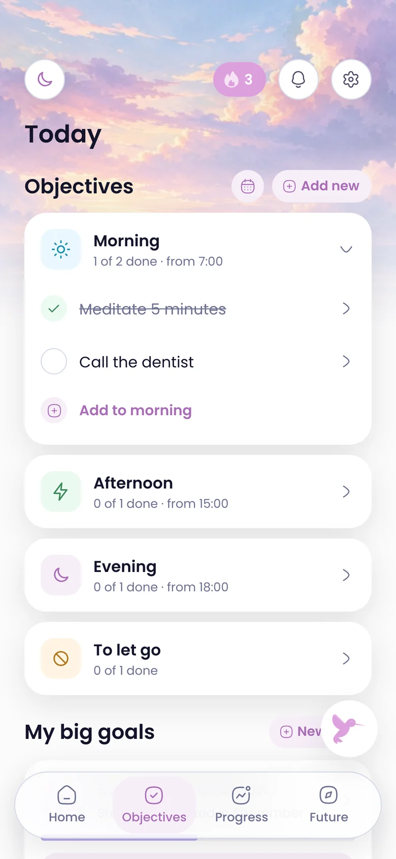 Today: objectives for the morning, afternoon and evening.