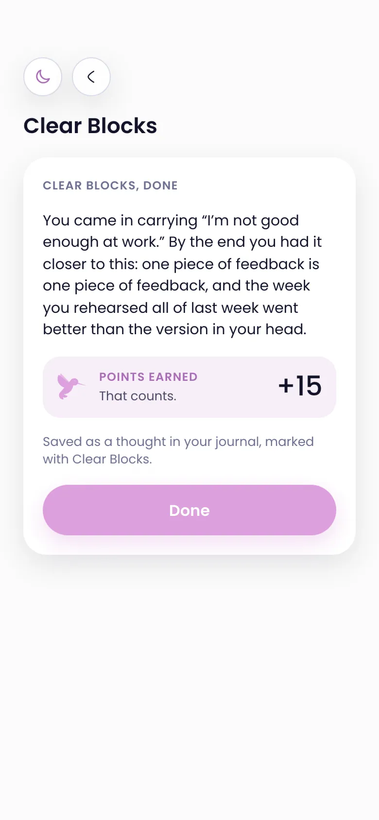 Clear Blocks, done: what changed, fifteen points, and the thought saved in your journal.